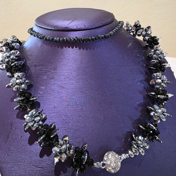 Vintage Black Silver Crystal Bead 3 Piece Convertible Statement Runway Necklace - Picture 13 of 17